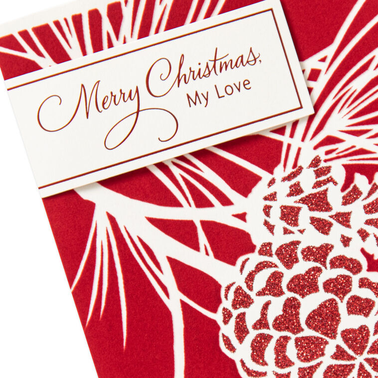 Sparkly Red and White Pine Cones Romantic Christmas Card Card Front Detail image number 5