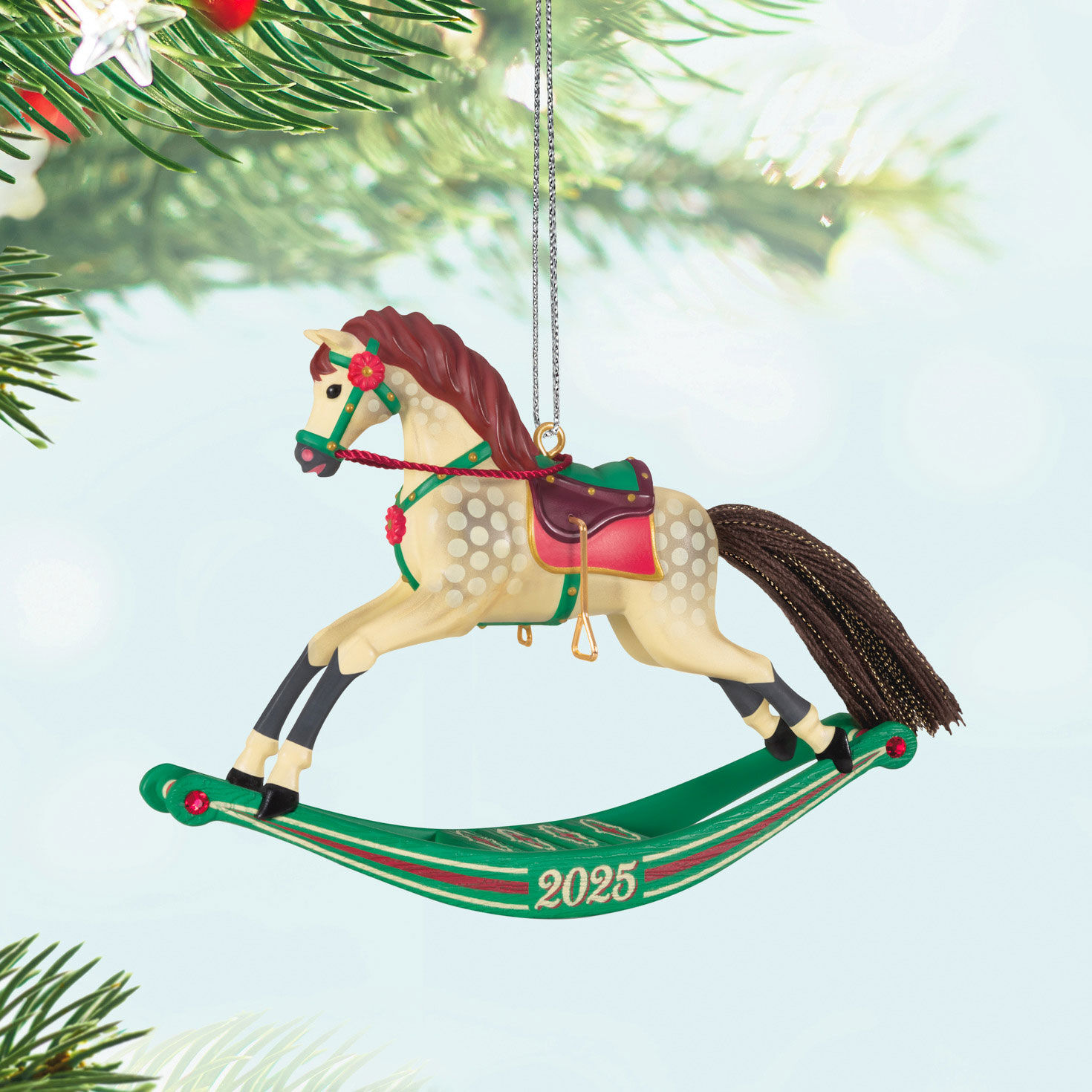 Cream Horse on Green Rocker Keepsake Ornament Hanging on tree image number 2