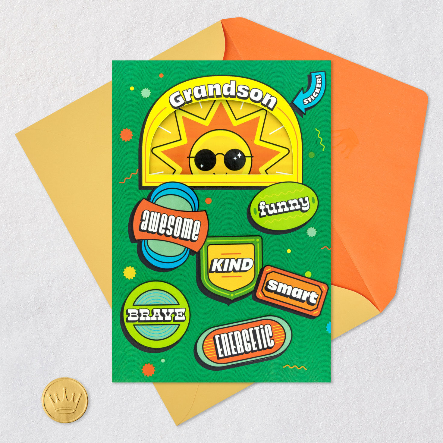 Grandson Birthday Card With Sun Decal Sticker Card Front with Envelope and Gold Seal image number 6