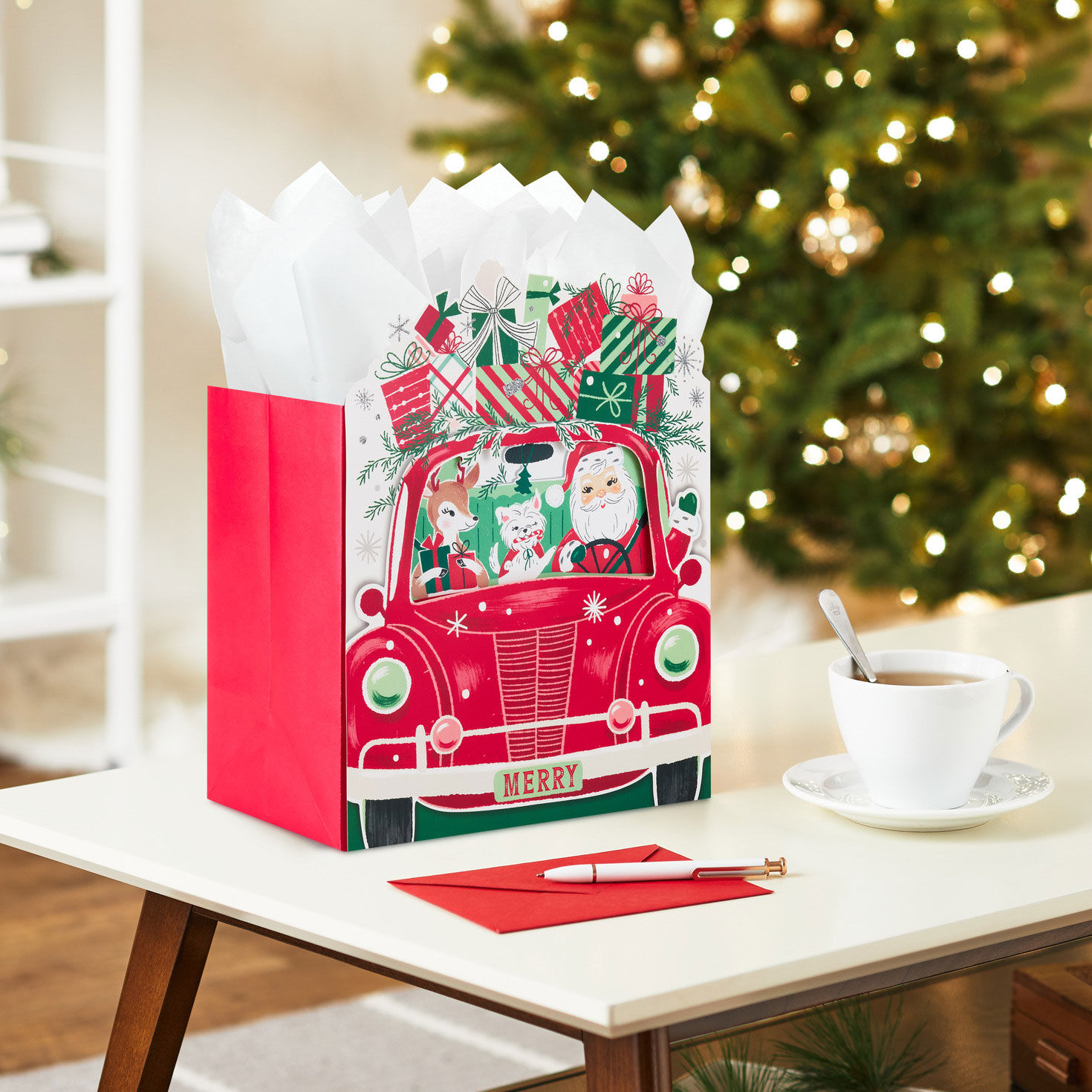 Road-Tripping Santa Large Square Christmas Gift Bag in use image number 2
