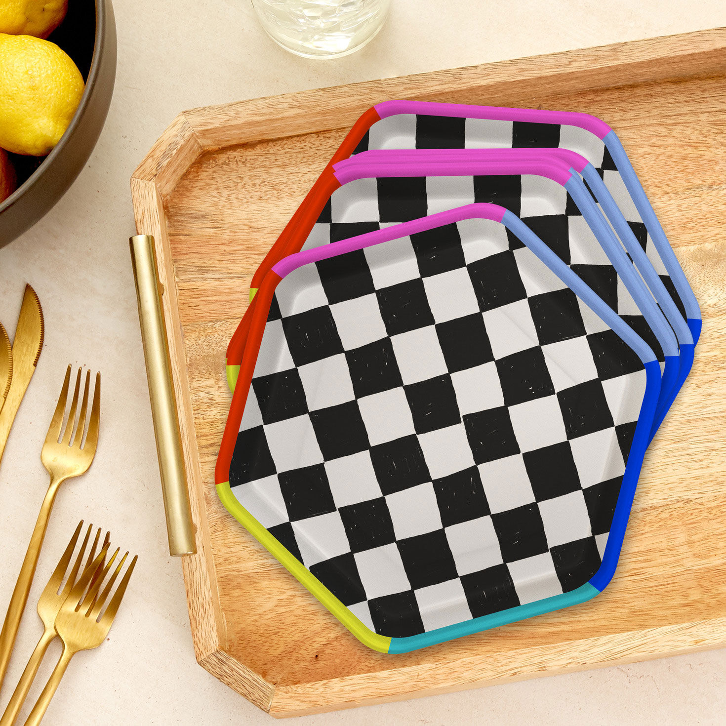 Black and White Checkered Hexagonal Dessert Plates, Pack of 8, , large image number 3