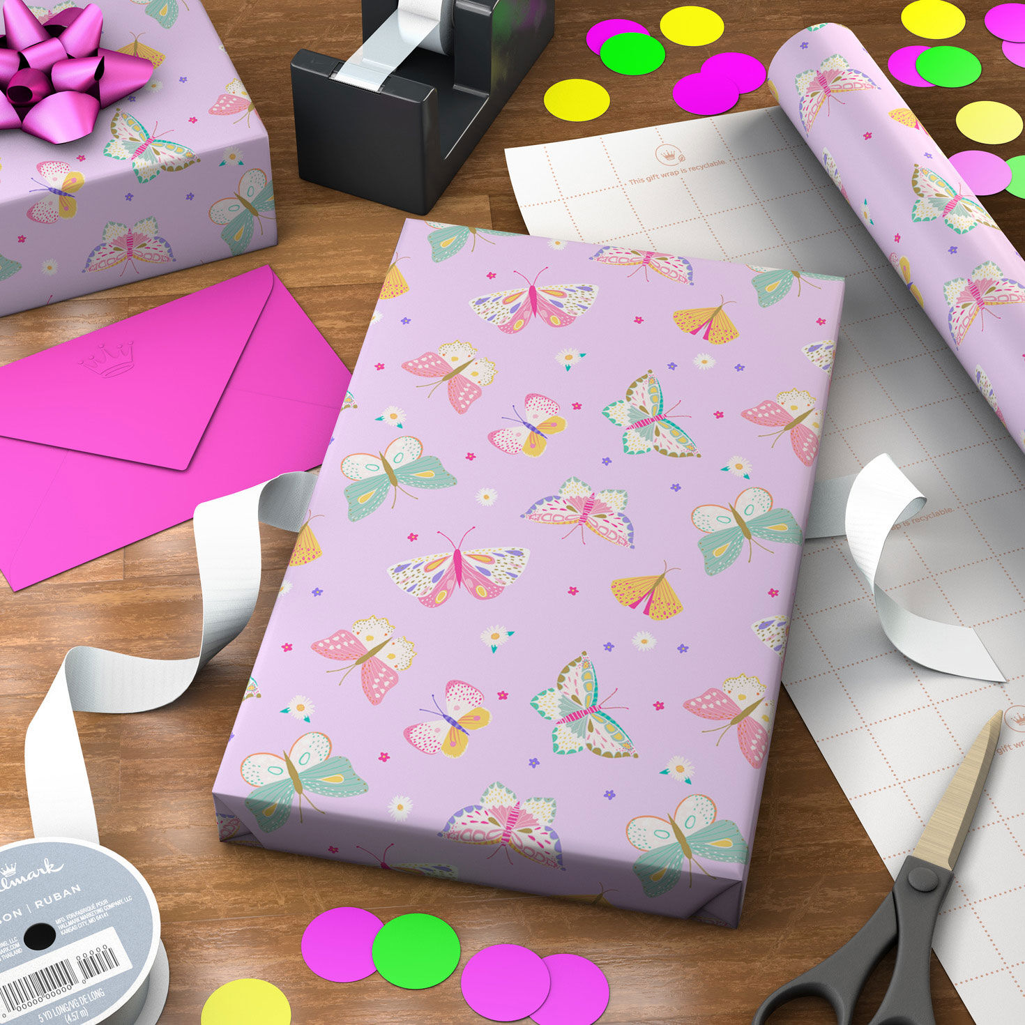 Pastel Butterflies on Pink Wrapping Paper in use image number 3