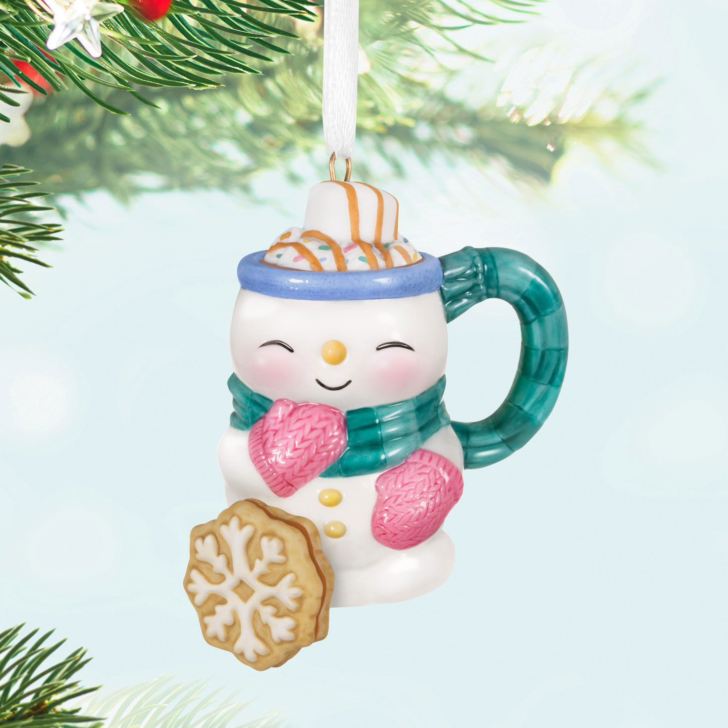 Snowman With Pink Mittens Mug Keepsake Ornament Hanging on tree image number 2
