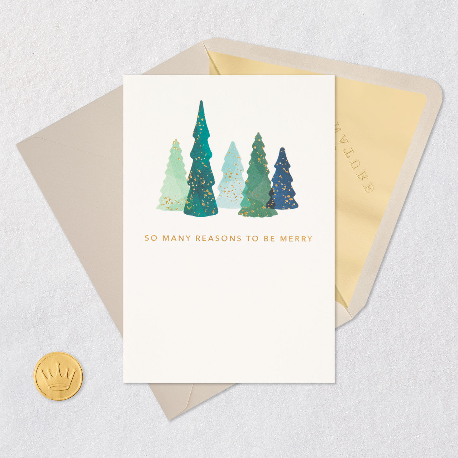 Watercolor Evergreen Trees Christmas Card Card Front with Envelope and Gold Seal image number 5