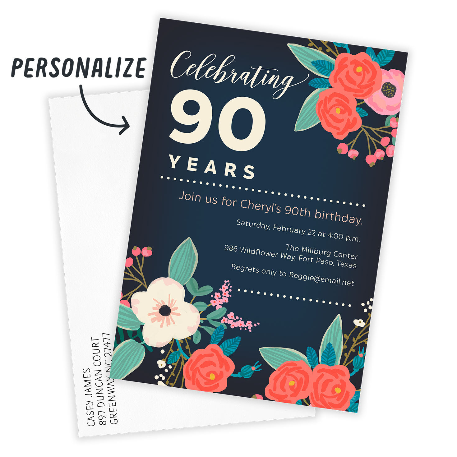 Flower Blossoms on Navy Personalized Party Invite Card Front indicating personalization image number 2