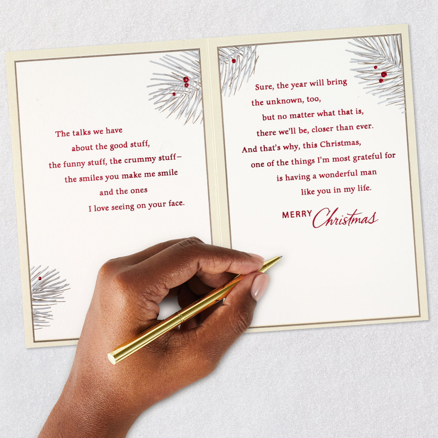 Pine Boughs and Berries Romantic Christmas Card for Him signing card image number 8