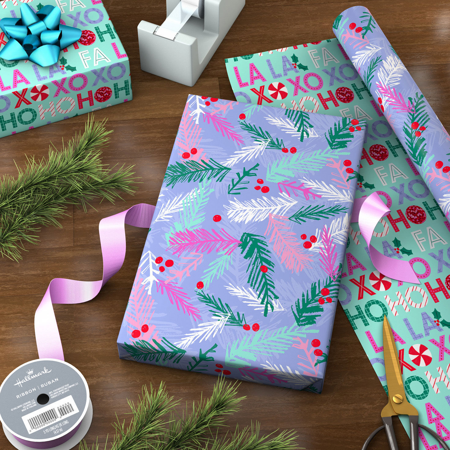 Vibrant Pines/Messages Christmas Reversible Gift Wrap in use image number 3