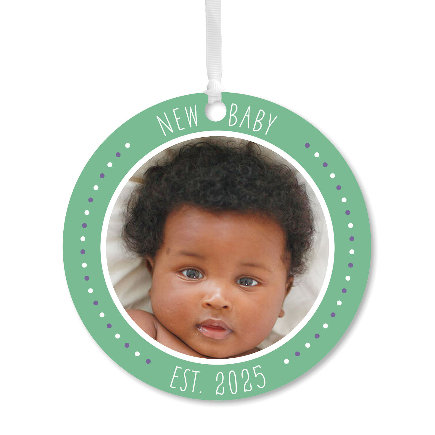 New Baby Round Metal Personalized Ornament, Custom Photo and Text