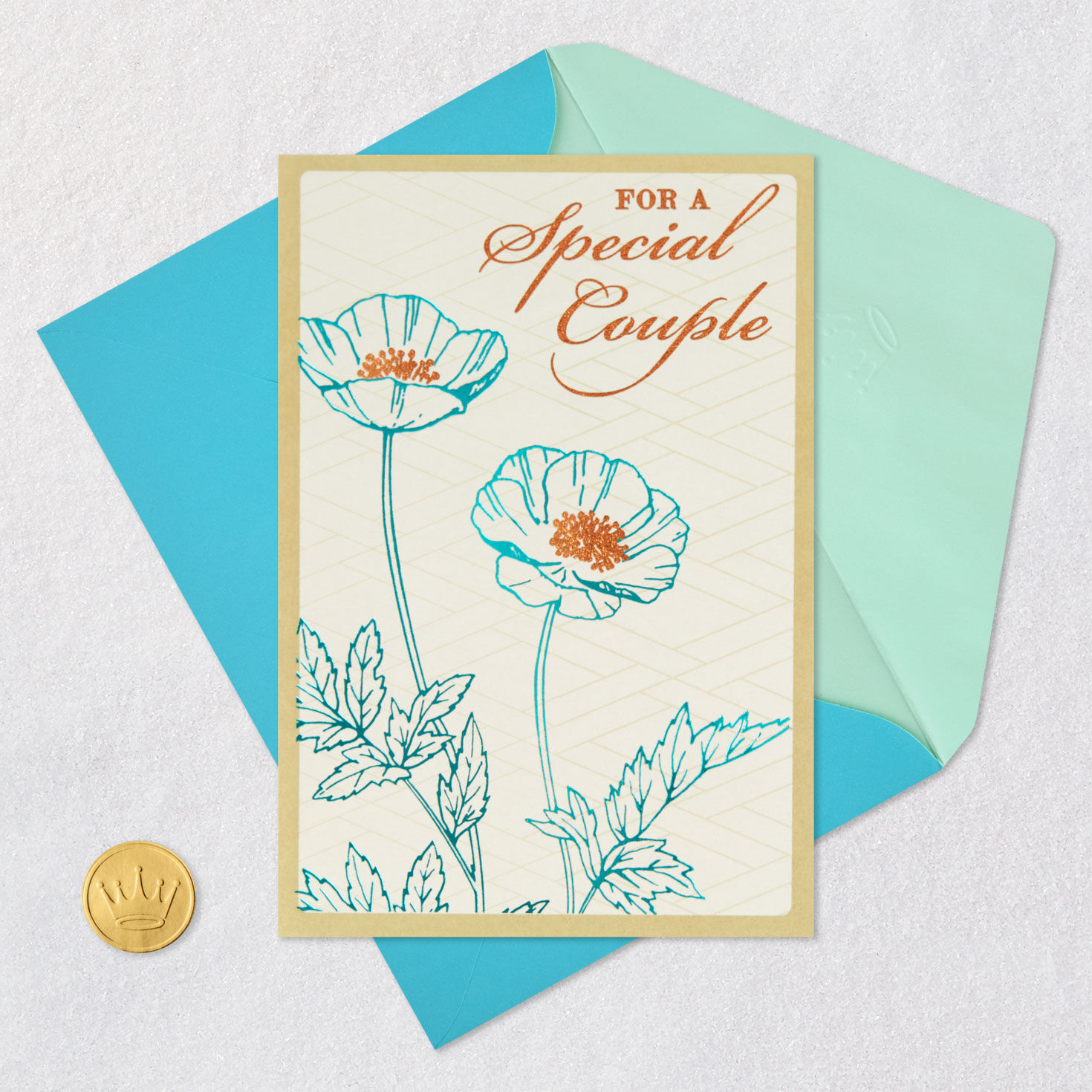 Blue and Bronze Poppies Anniversary Card for Couple Card Front with Envelope and Gold Seal image number 5