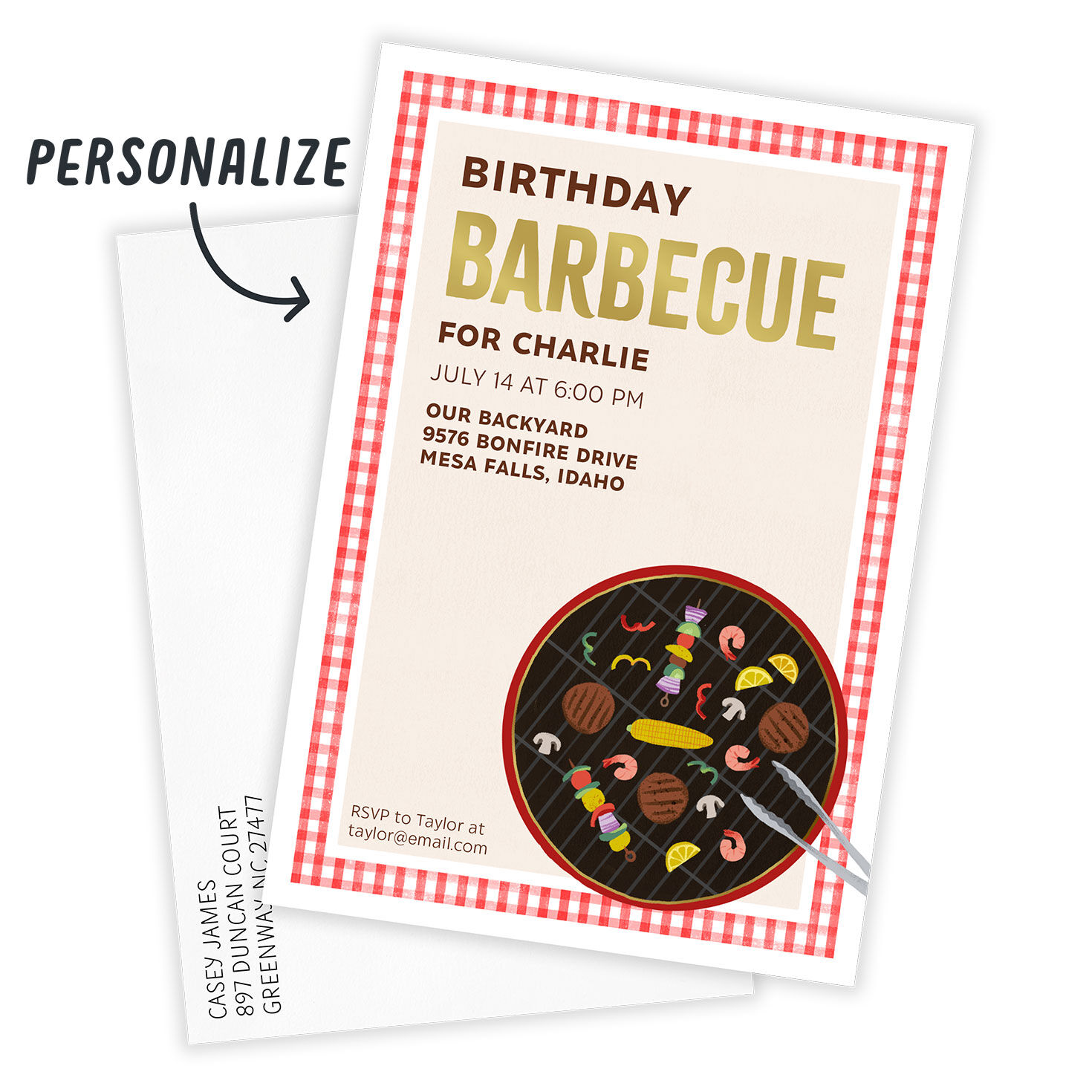 Red Checked Barbecue Personalized Party Invitation Card with Envelope indicating personalization image number 2