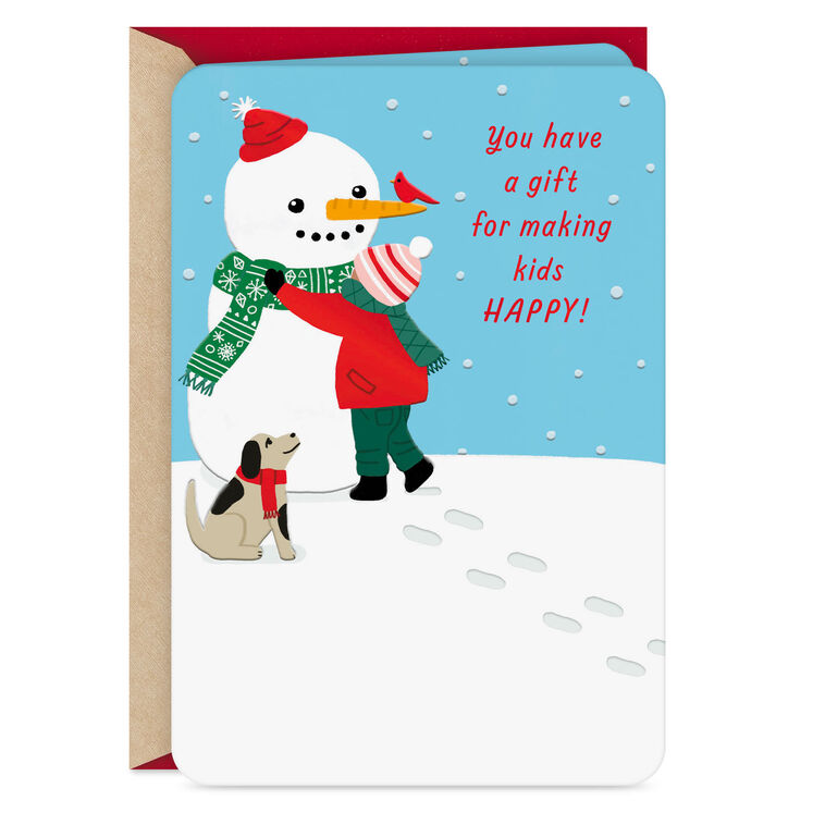 Snowman with Kid and Dog Child Caregiver Christmas Card Card Front image number 1