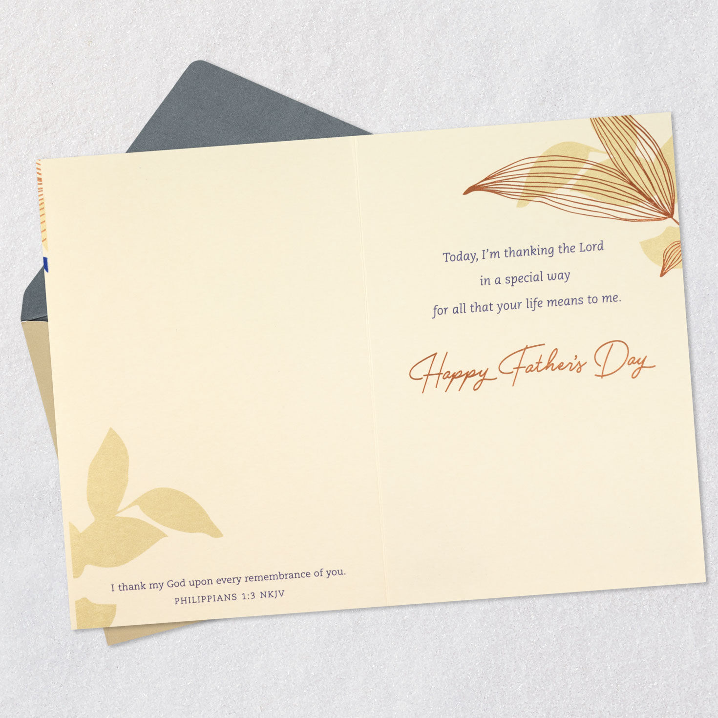 Blue and Copper Leaves Religious Father's Day Card Open card with envelope image number 4