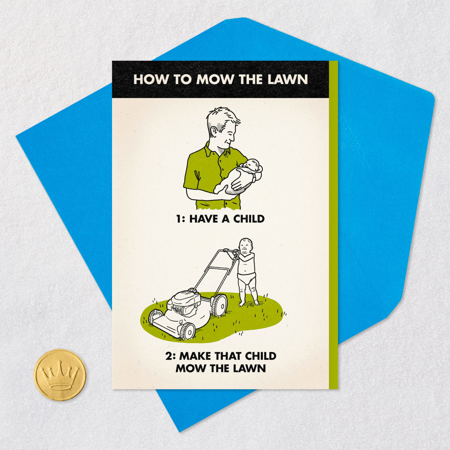 Lawn Mowing Cartoon Father's Day Card Card Front with Envelope and Gold Seal image number 5