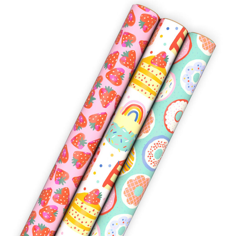 Sweet Treats 3-Pack Assorted Wrapping Paper Roll Bundle, 75 sq. ft. total