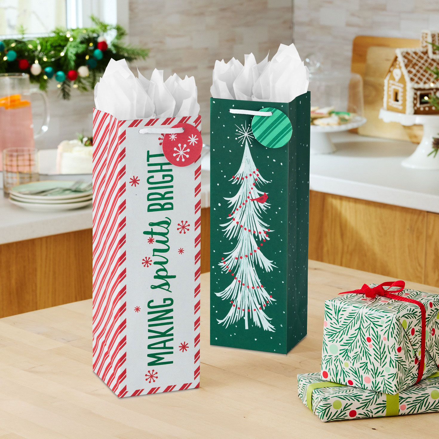 White Tree on Green 2-Pack Christmas Bottle Bags in use image number 2