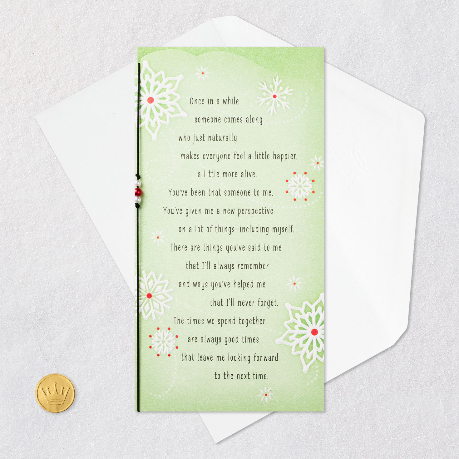 Snowflakes on Green Friend Christmas Card Card Front with Envelope and Gold Seal image number 7