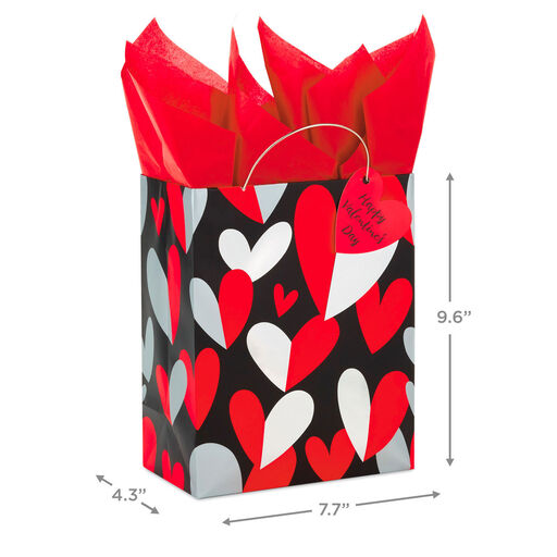 9.6" Red and Silver Hearts Medium Valentine's Day Gift Bag With Tissue Paper, 