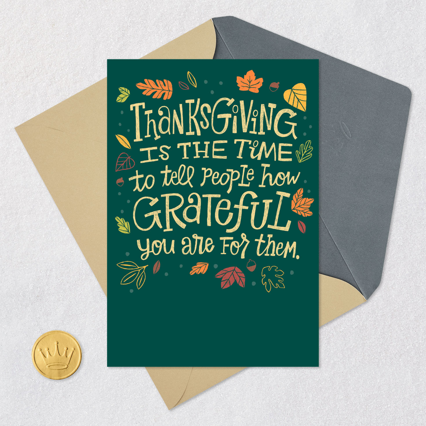 Green Autumn Leaves Funny Thanksgiving Card Card Front with Envelope and Gold Seal image number 5
