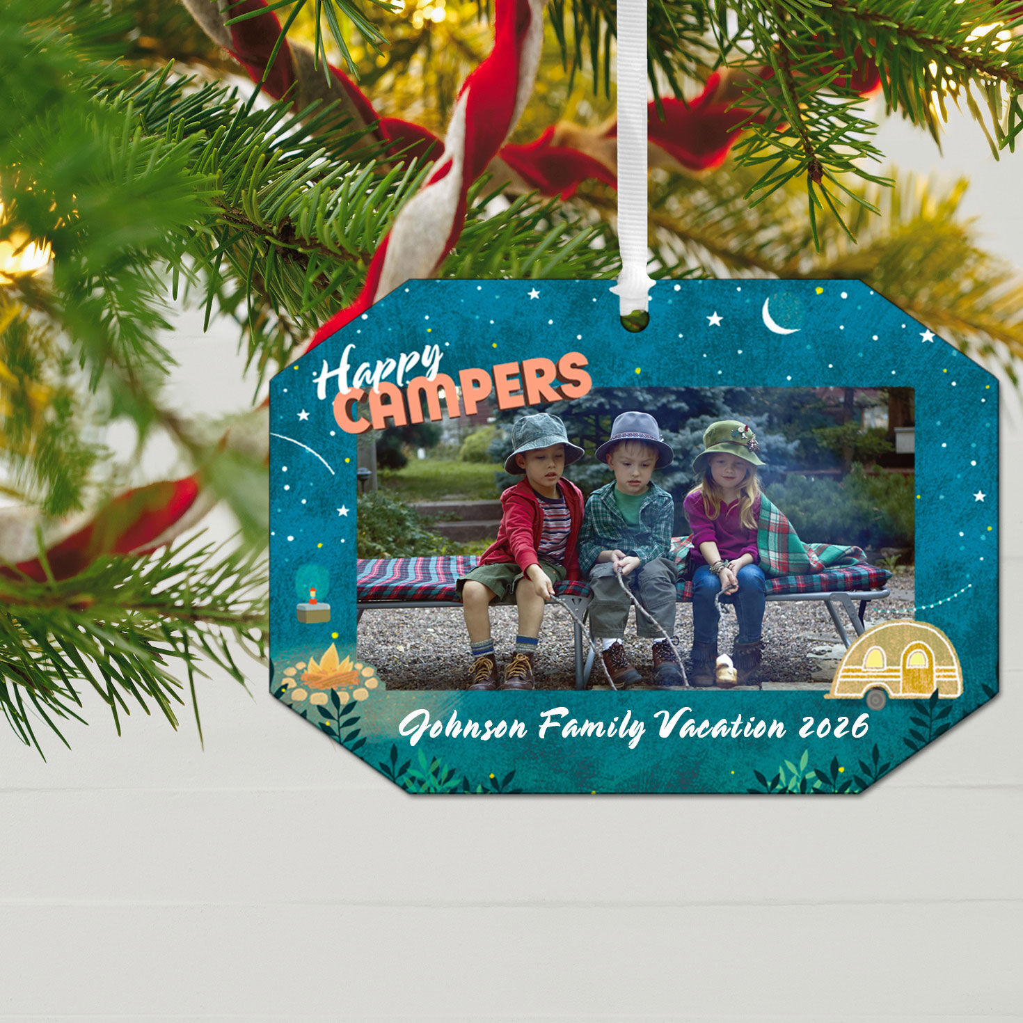 Camping Personalized Christmas Ornament hanging on tree image number 2