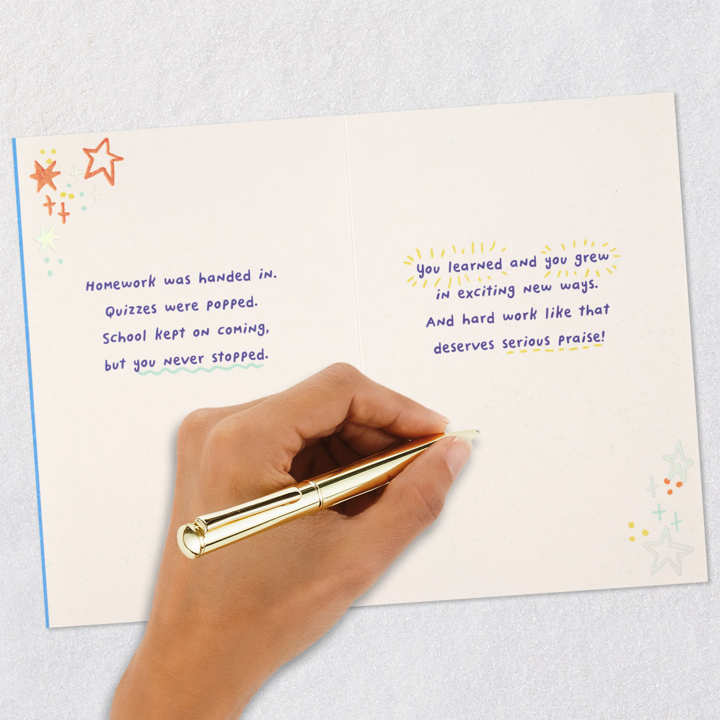 Smiley Face and Stars on Blue Grade School Graduation Card Signing card image number 7