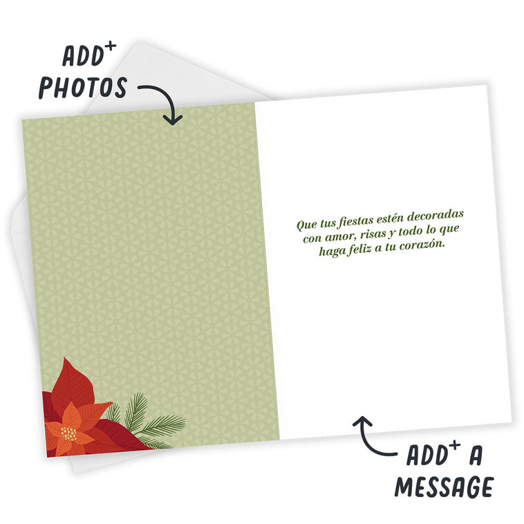 Red Pink White Poinsettias Christmas Card in Spanish Open Card with Envelope indicating personalization image number 3
