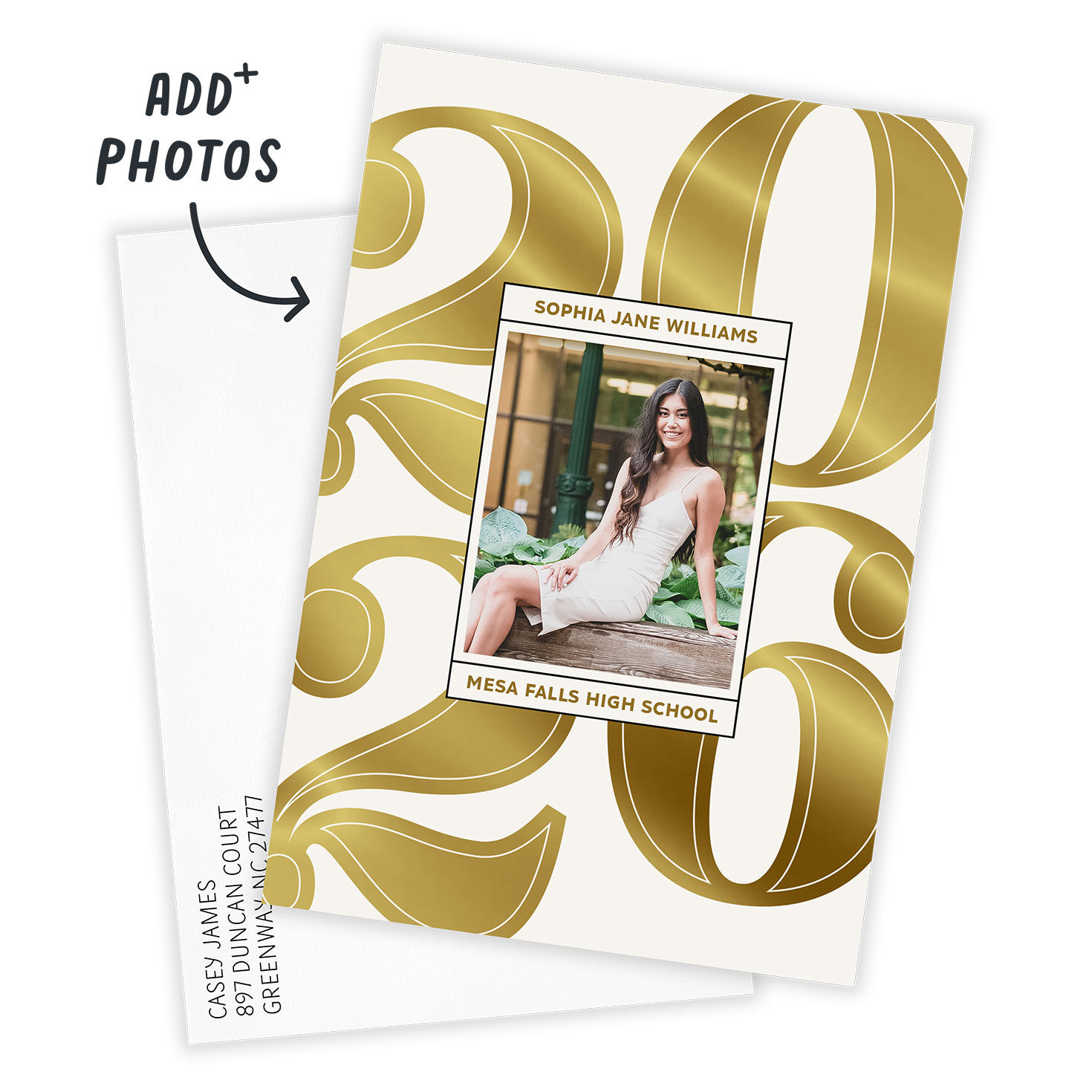 Gold 2026 Numbers Personalized Grad Announcement Card Front indicating personalization image number 2