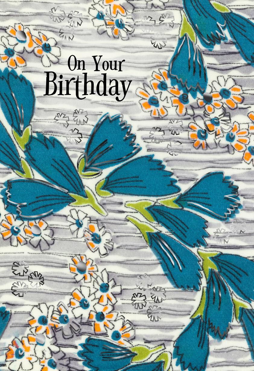 Blue Ginkgo Leaves on Gray With Foil Birthday Card