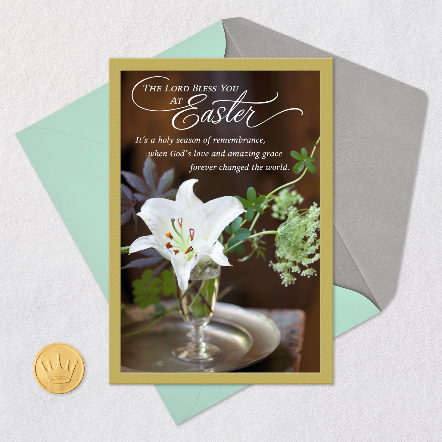 White Lily Still Life Religious Easter Card Card Front with Envelope and Gold Seal image number 7