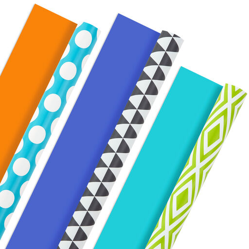 Bold Patterns and Solids 3-Pack Reversible Wrapping Paper, 