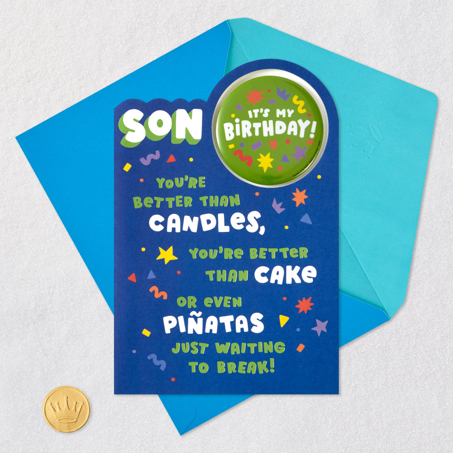 It's My Birthday Card for Son With Button Pin Card Front with Envelope and Gold Seal image number 7