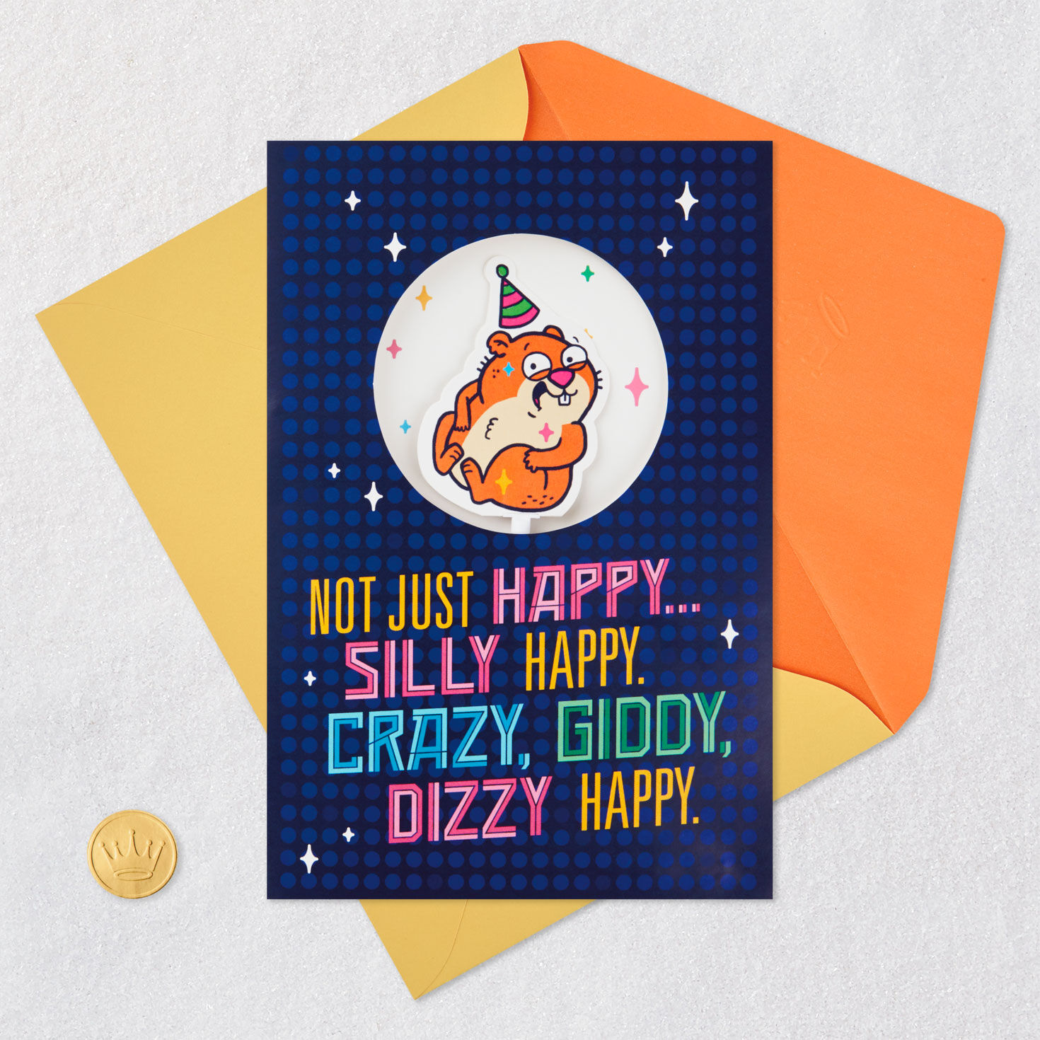 Colorful Lettering and Hamster on Blue Birthday Card Card Front with Envelope and Gold Seal image number 5