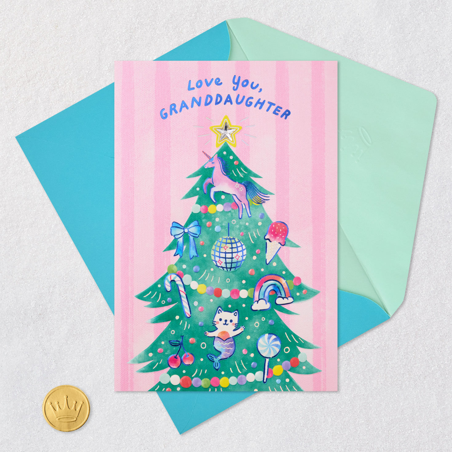 Pink Unicorn Tree Christmas Card for Granddaughter Card Front with Envelope and Gold Seal image number 6