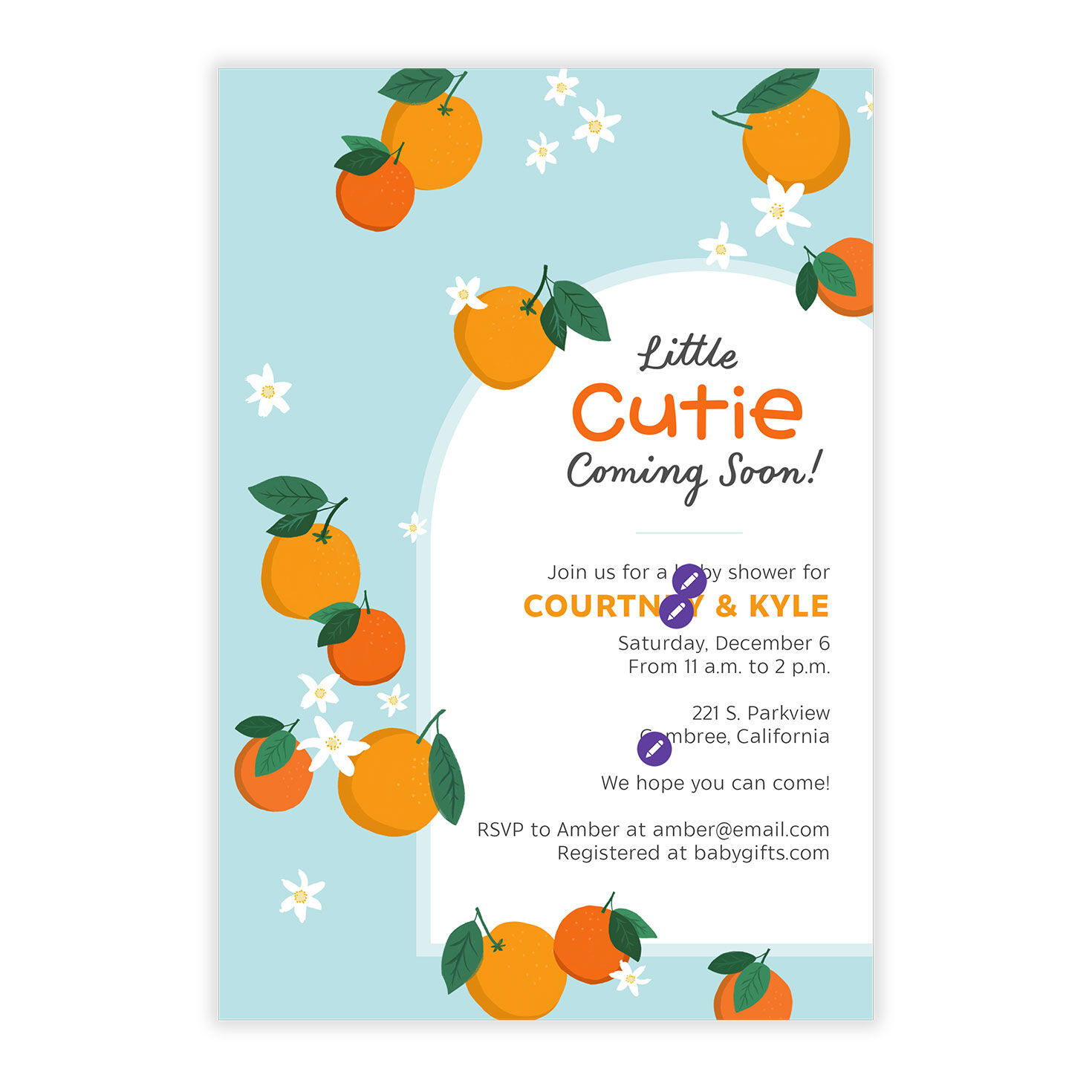 Oranges on Blue Personalized Baby Shower Invite Card Front indicating personalization image number 5