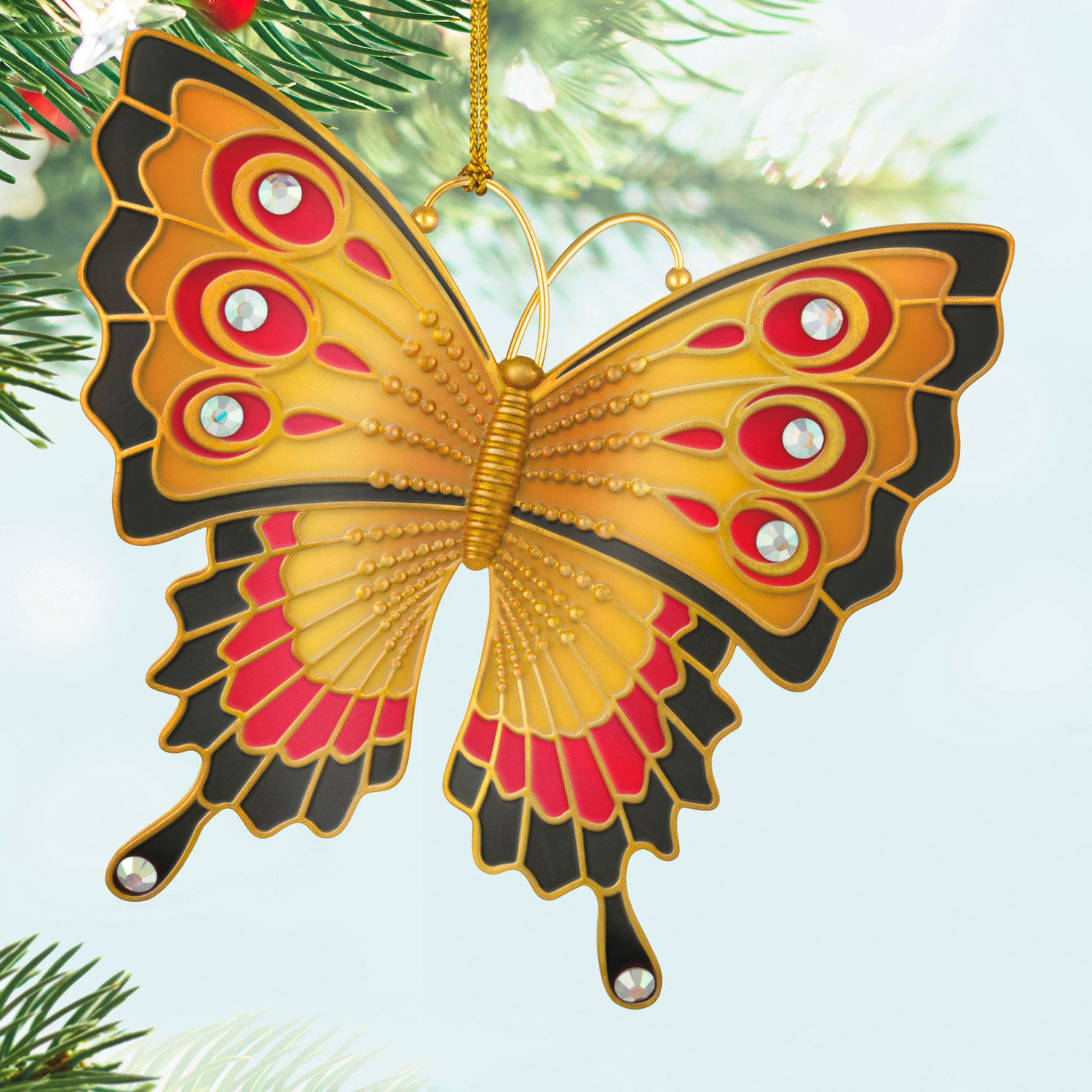 Gold Red Black Butterfly Keepsake Ornament Hanging on tree image number 2