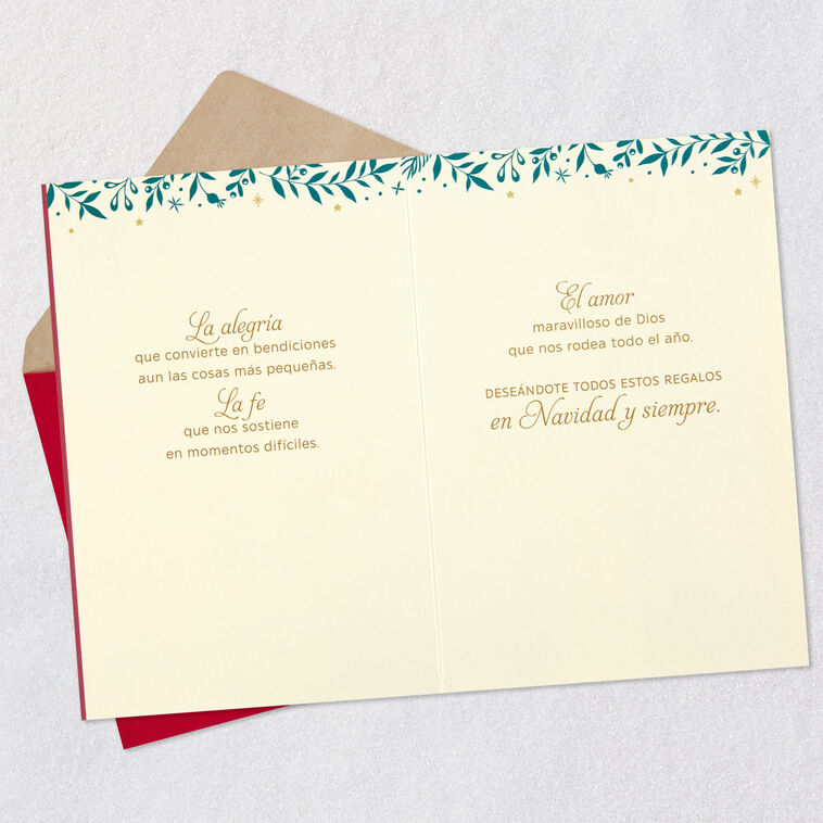 Gold Doves and Stars with Green Leaves Spanish Christmas Card Open card with envelope image number 4
