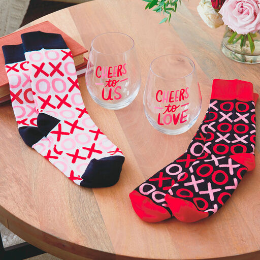 Wine Night Valentine's Day Socks and Wine Glasses, Set of 4, 