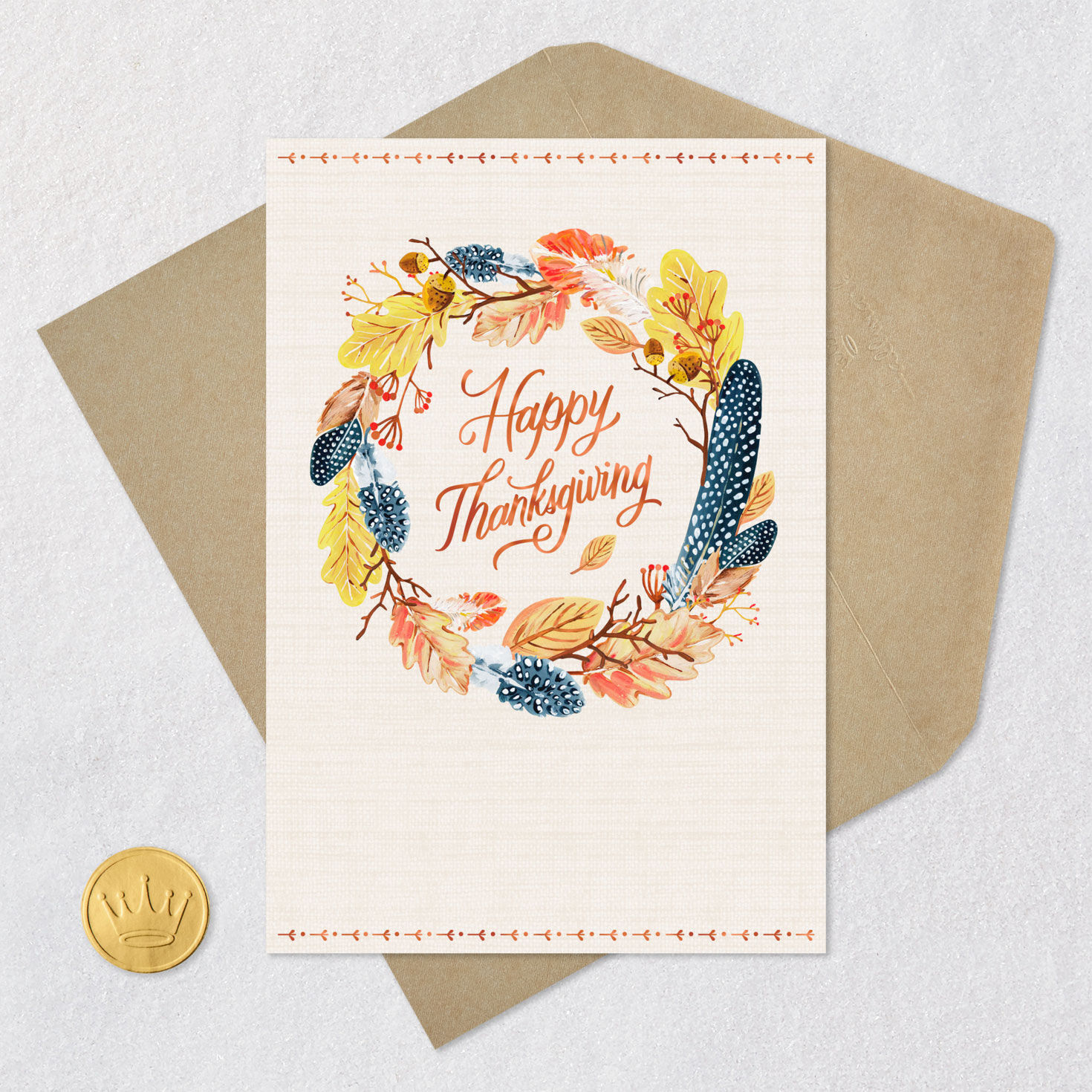 Fall Leaves Wreath Thanksgiving Card Card Front with Envelope and Gold Seal image number 5
