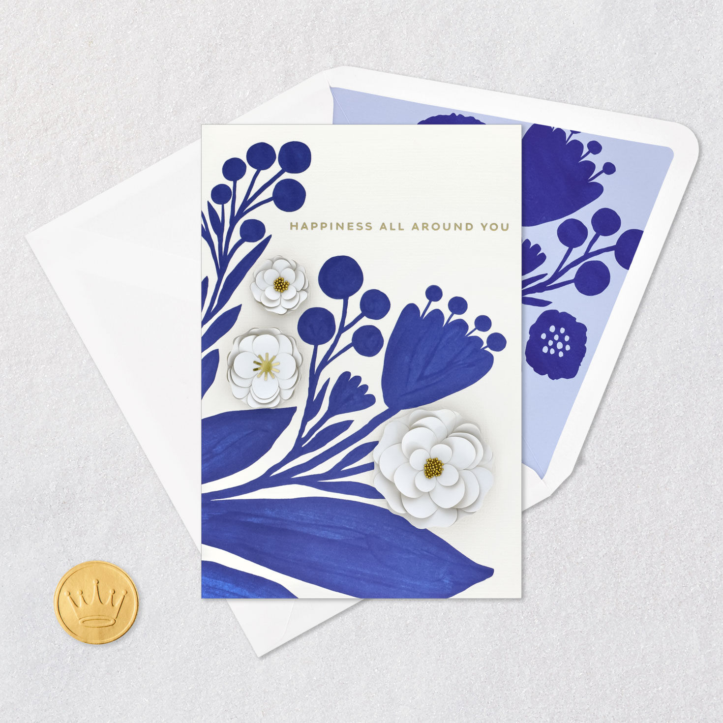 Abstract Blue and White Flowers Birthday Card Card Front with Envelope and Gold Seal image number 5