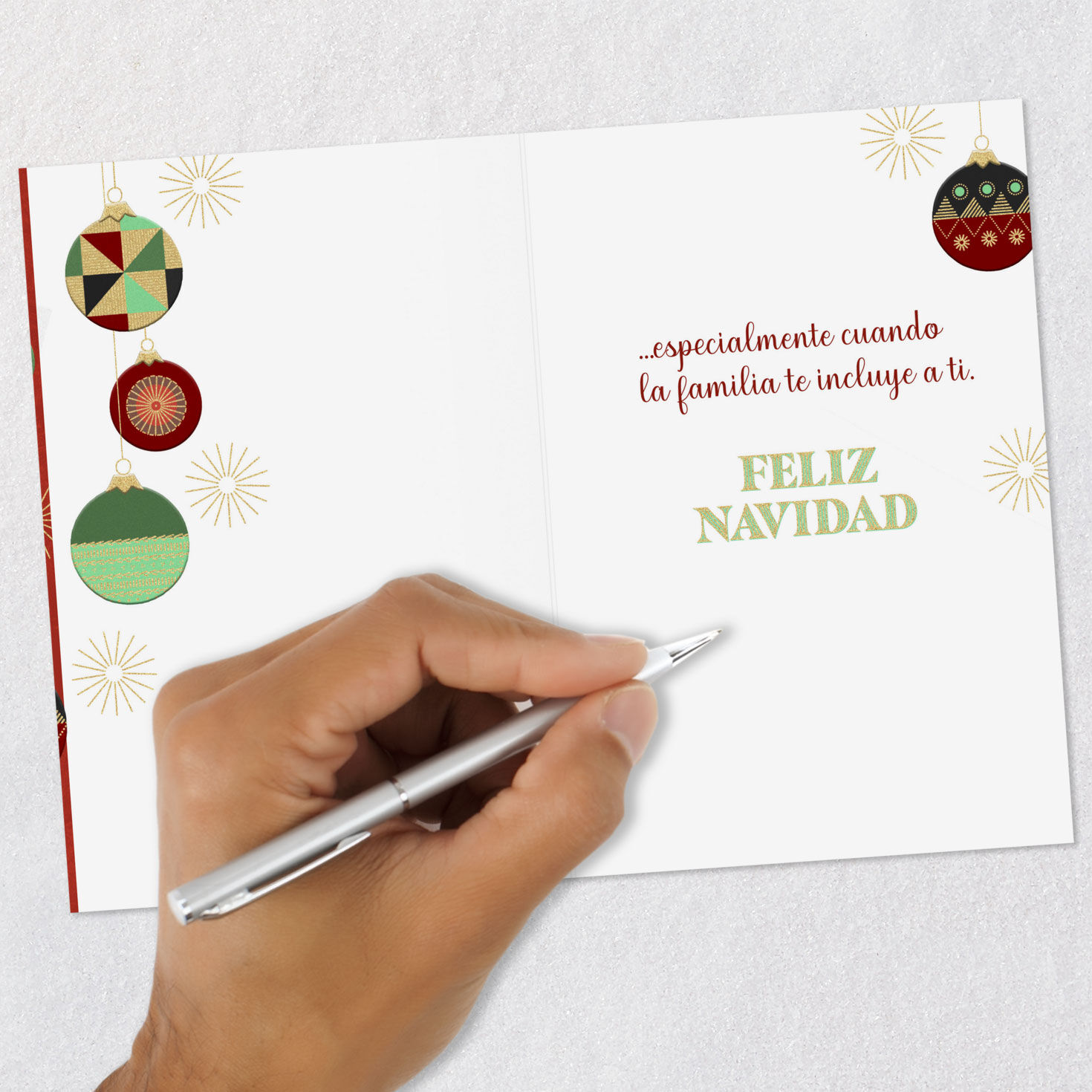 Patterned Ornaments on Red Christmas Card in Spanish Signing card image number 6
