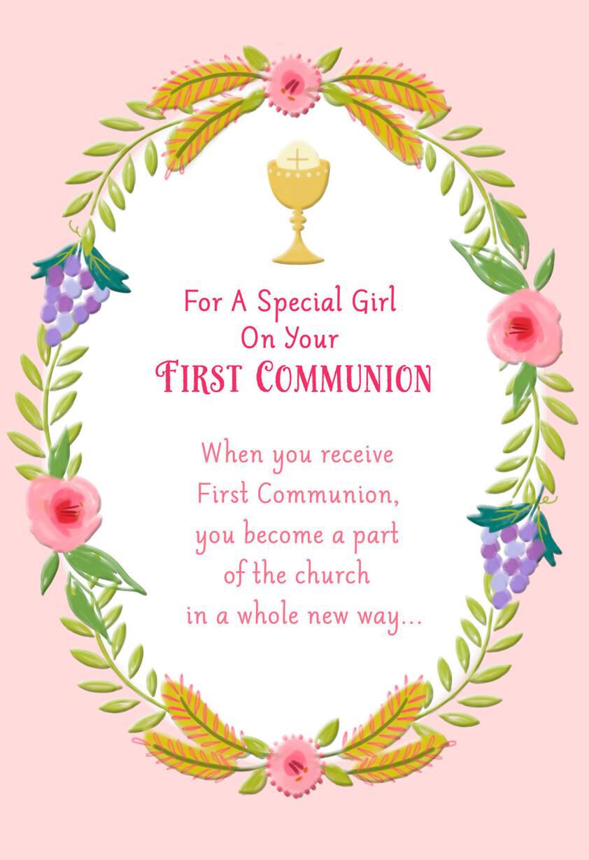 Chalice and Wreath of Flowers First Communion Card for Girl