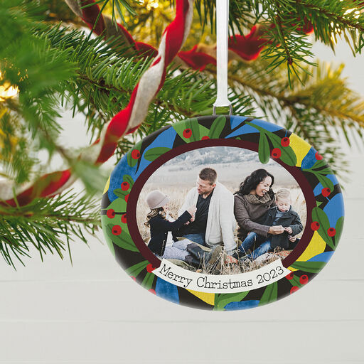 Holiday Holly Personalized Text and Photo Ceramic Ornament, 