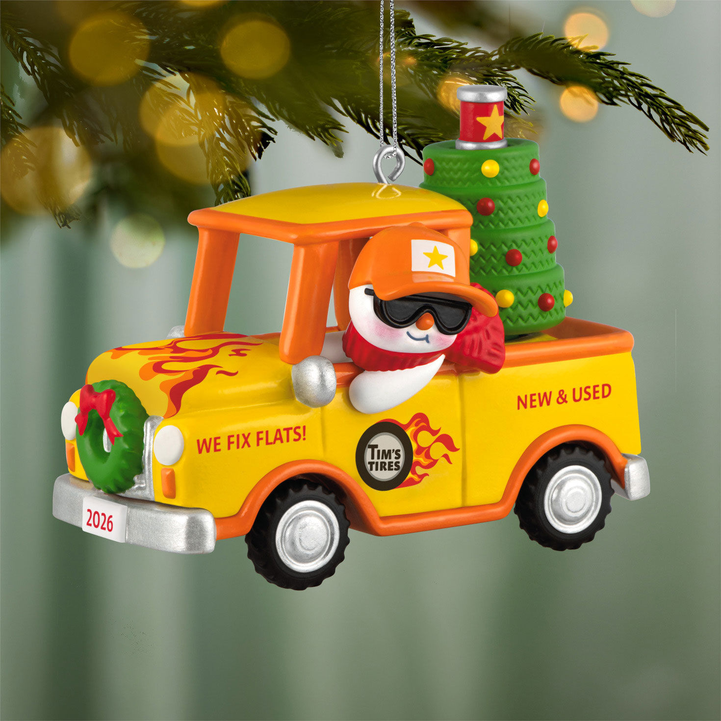 Snowman in Hot Rod Truck Keepsake Ornament hanging on tree image number 2
