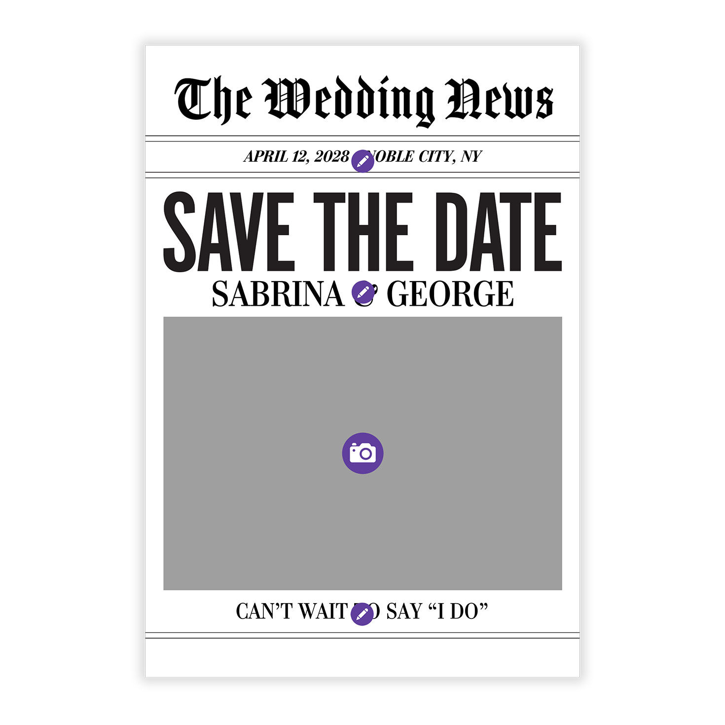 Newspaper Personalized Wedding Save the Date Card Card Front indicating personalization image number 5