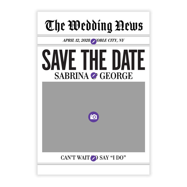 Newspaper Personalized Wedding Save the Date Card Card Front indicating personalization image number 5