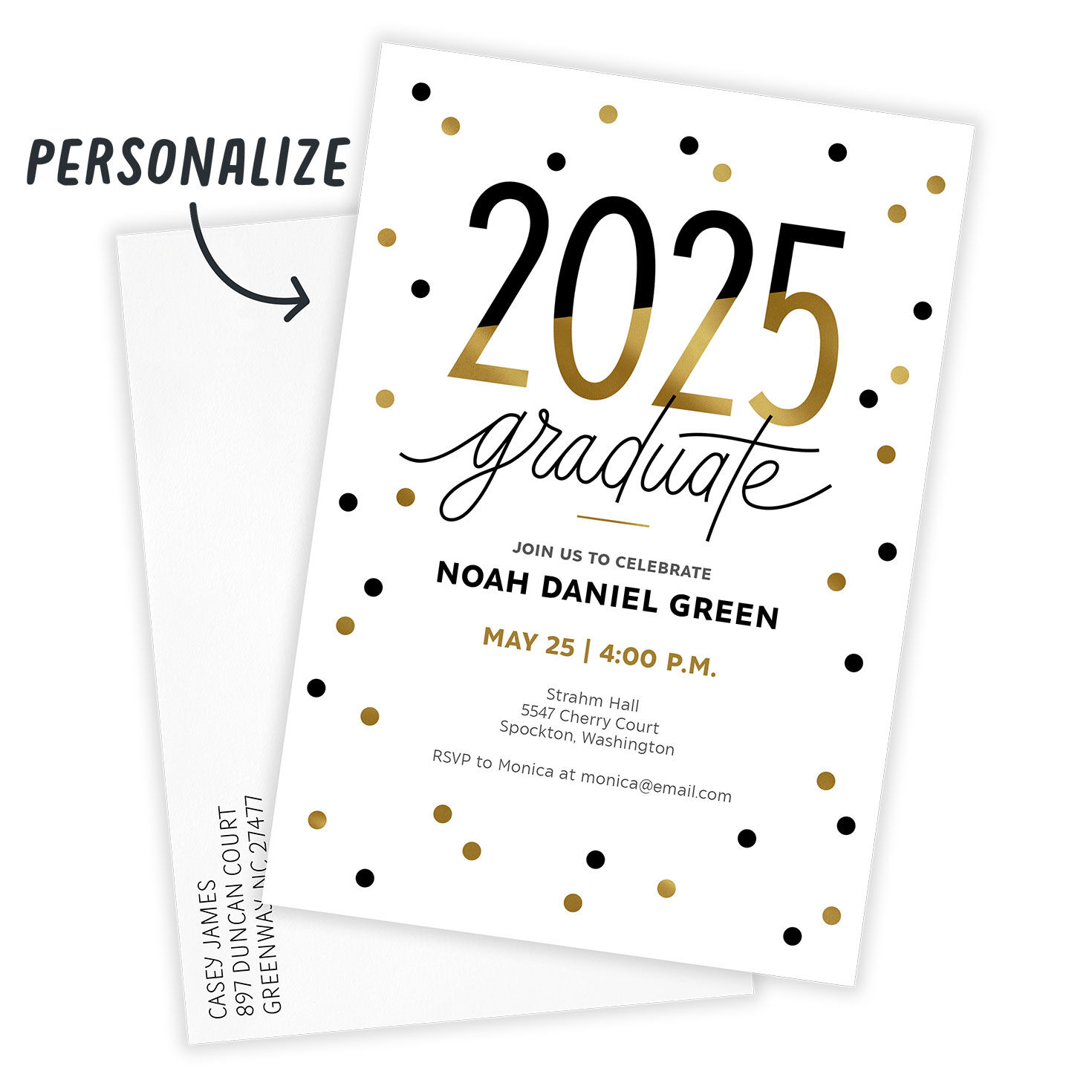 Black and Gold Polka Dots 2025 Graduation Invitation, , large image number 2