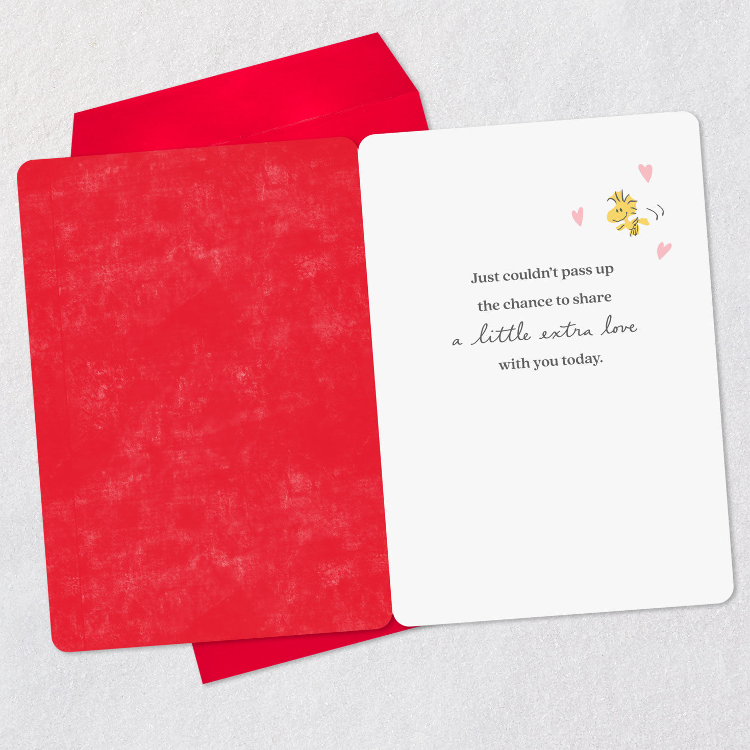 Snoopy Hugging Woodstock Red and Pink Valentine's Day Card Open card with envelope image number 3