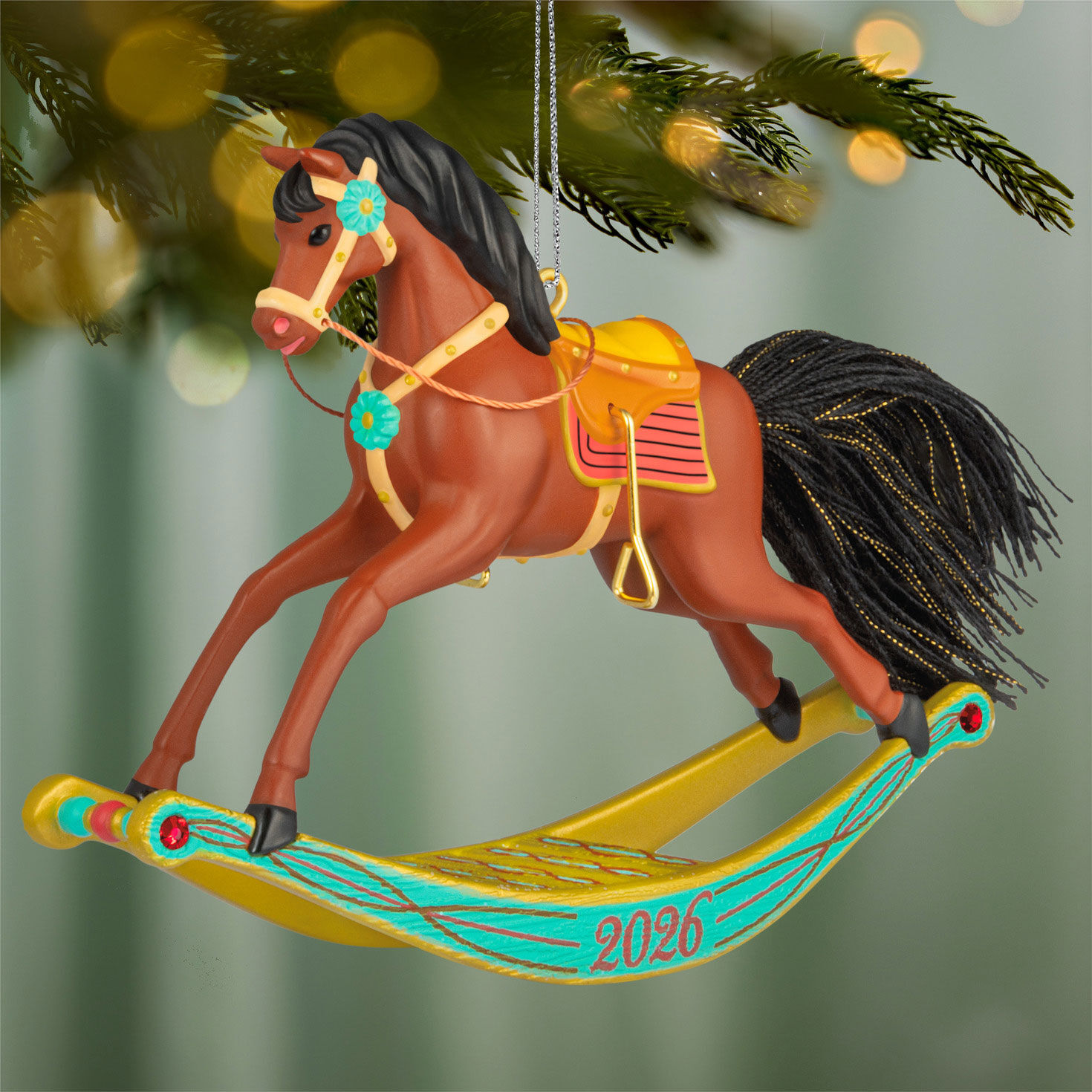Brown Horse on Green Rocker Keepsake Ornament hanging on tree image number 2