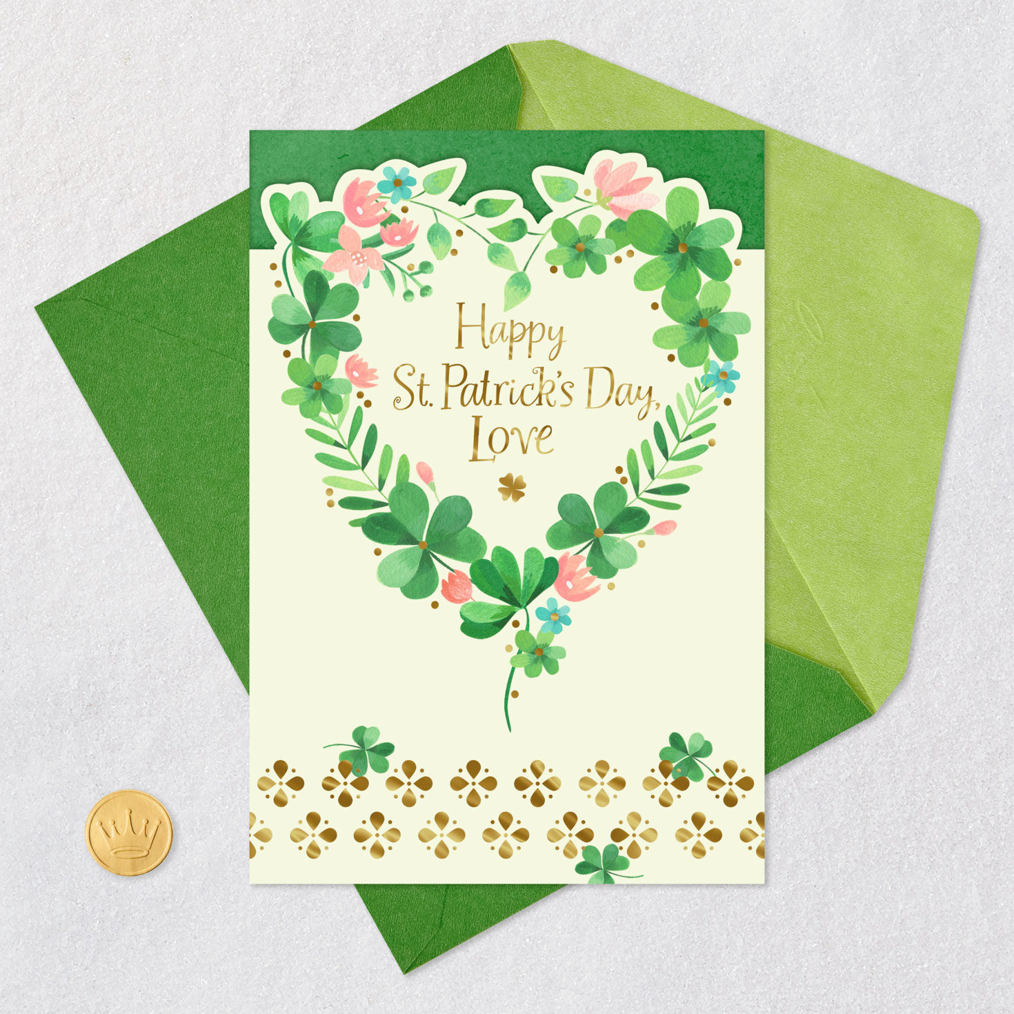 Shamrock Heart Romantic St. Patrick's Day Card Card Front with Envelope and Gold Seal image number 5