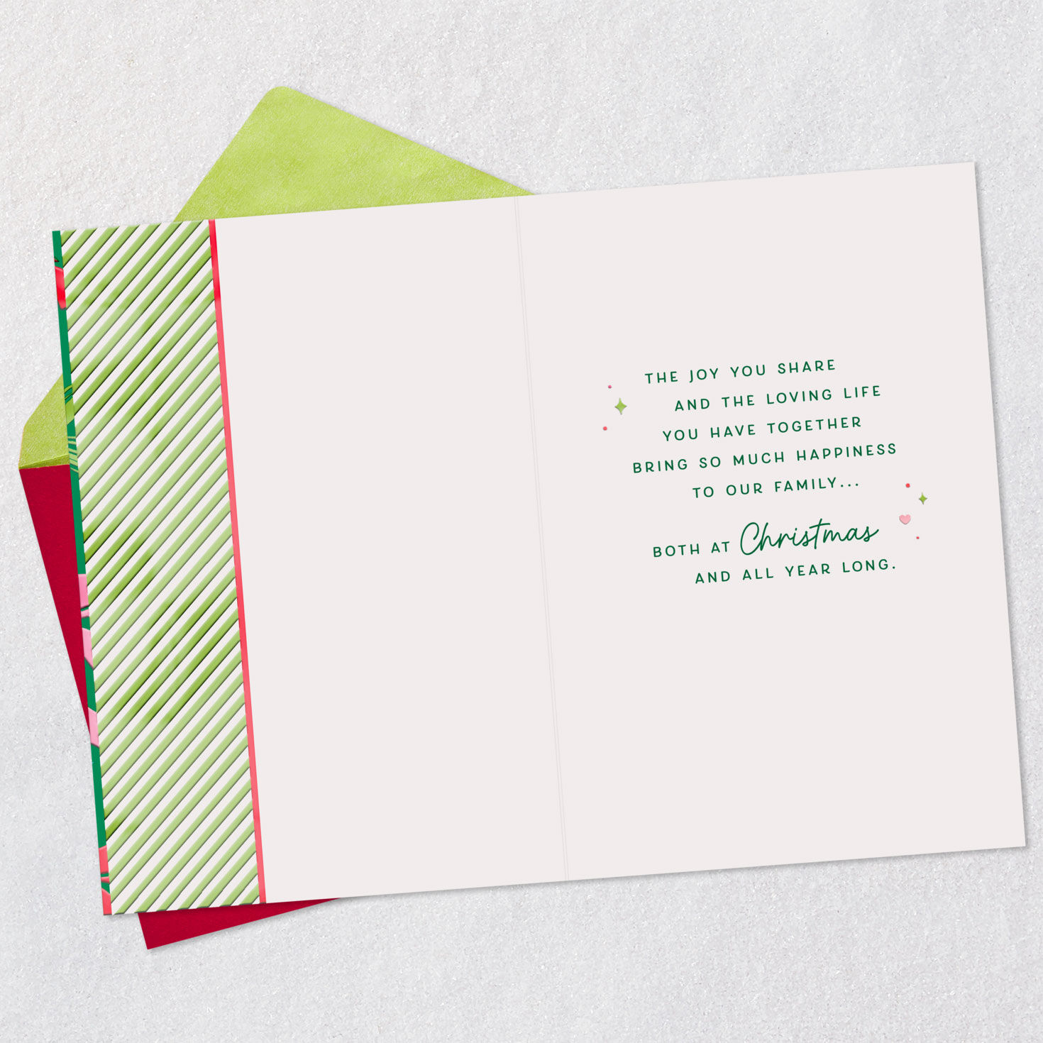 Bows on Daughter and Family Green Christmas Card Open card with envelope image number 3