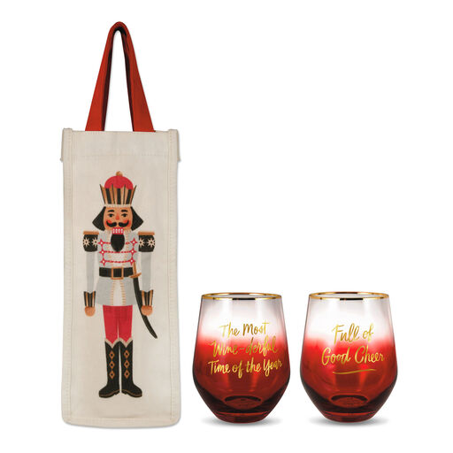Nutcracker Bottle Bag and Stemless Wine Glasses Holiday Gift Bundle, Set of 3, 